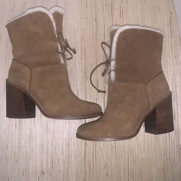 UGG Jerene Bootie Brown Suede Lace Up Block Heel Sheepskin Shearling Lined 8.5 - Picture 7 of 15